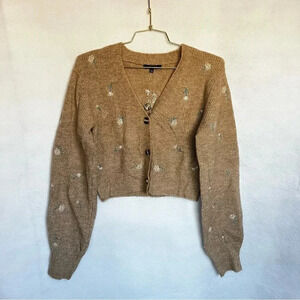 Cardigan Floral Sweater Embroidery Khaki Brown Floral Balloon Sleeve Cropped